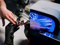 Hände, die sorgfältig mit schwarzem Handschuh rote Nagellackfarbe auftragen, Nageldesign-Schulung in Aktion.